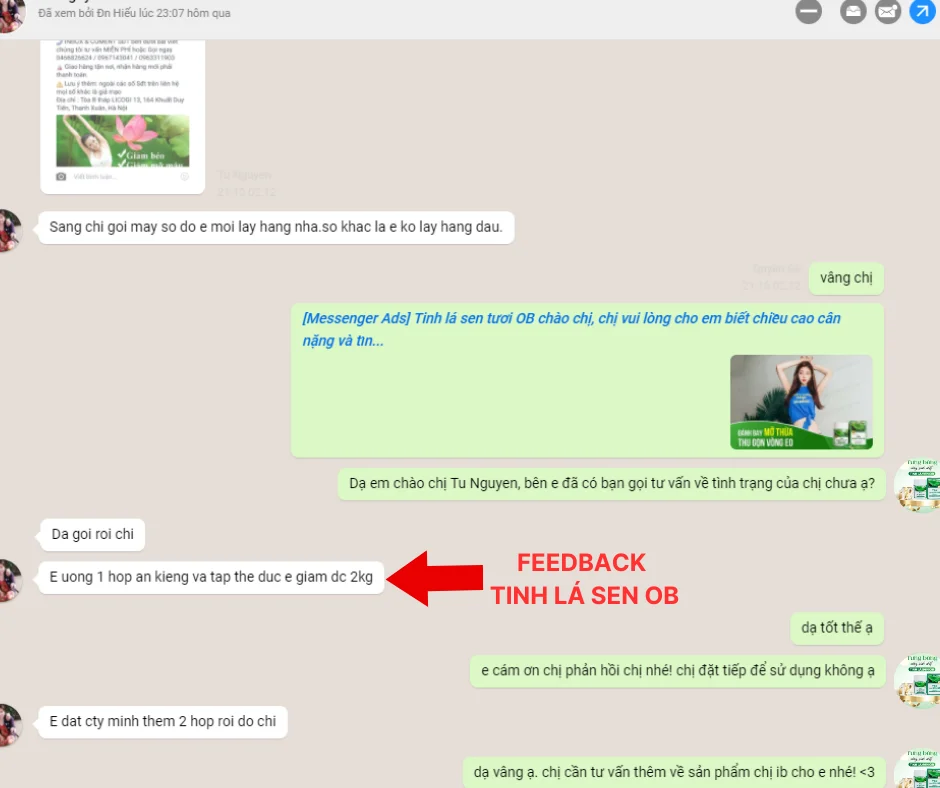 Hình ảnh tin nhắn feedback về hiệu quả của Tinh Lá Sen OB từ khách hàng