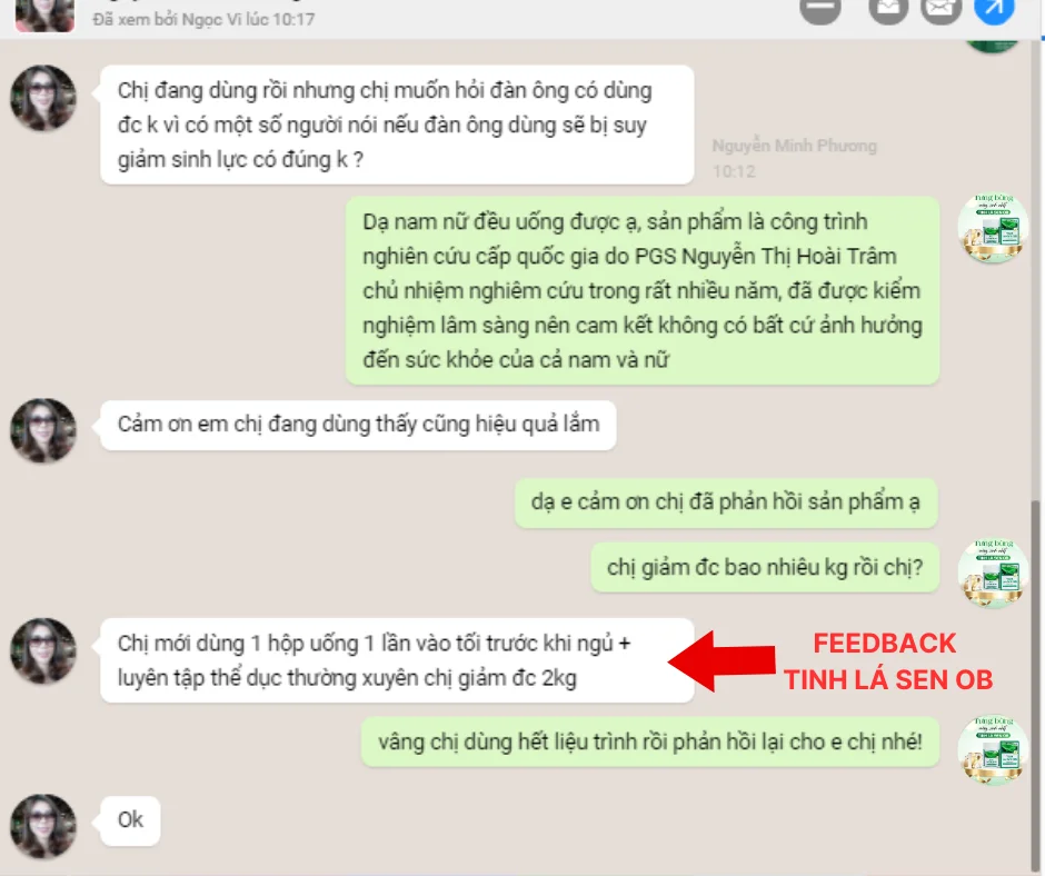 Feedback tích cực từ khách hàng về sản phẩm tinh lá sen ob