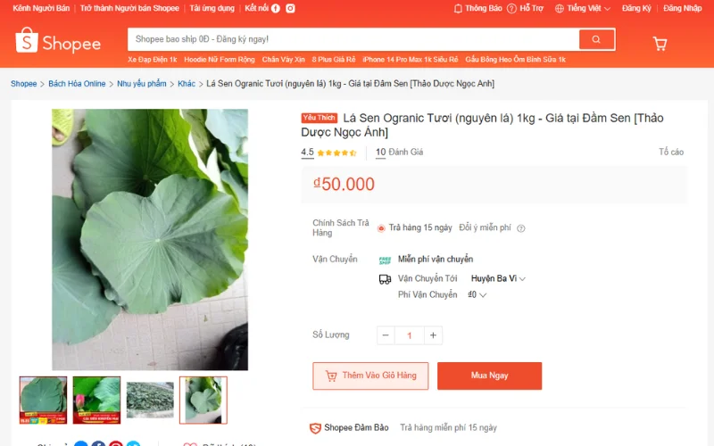 Mua lá sen tươi trên gian hàng shopee với giá cả hợp lý